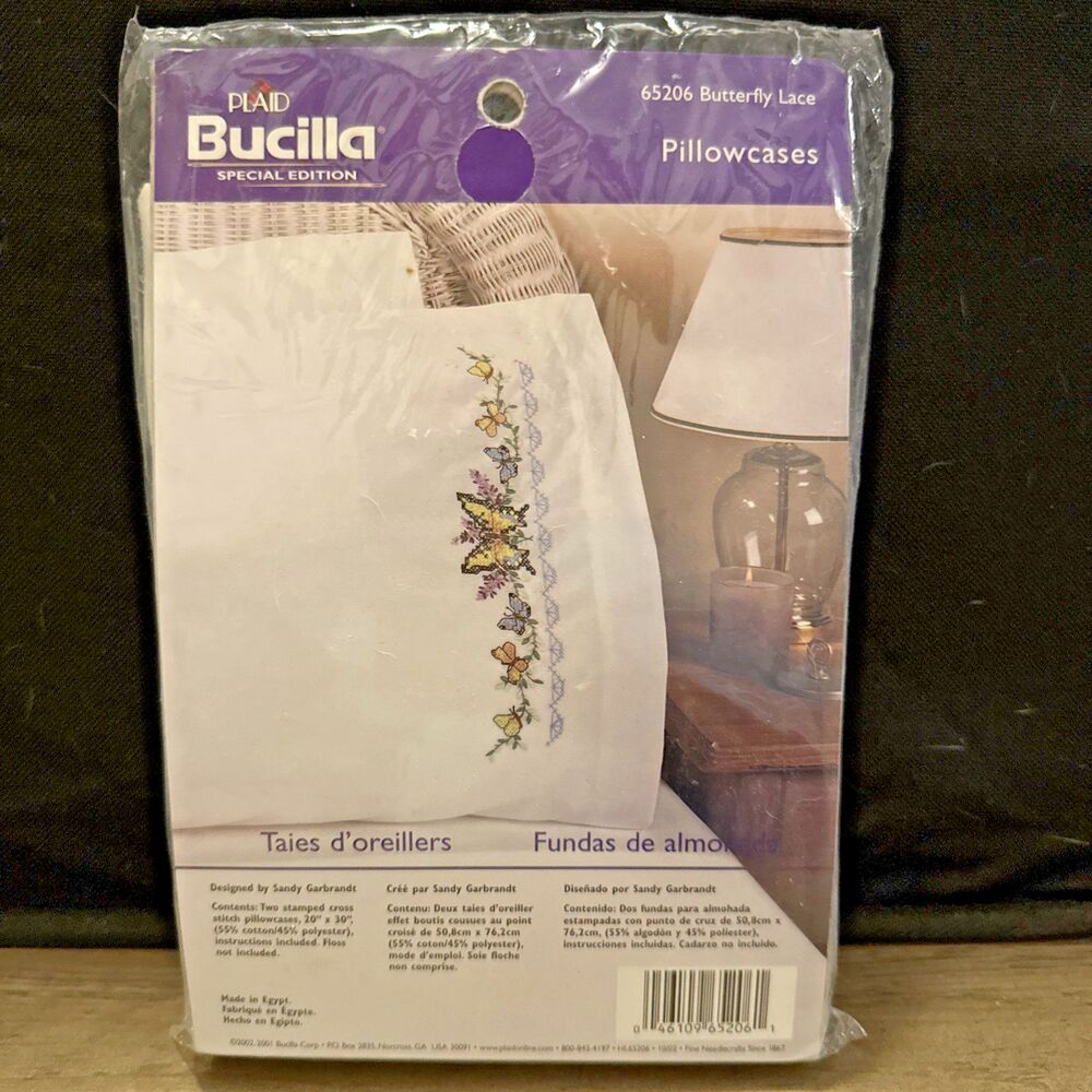 Bucilla Embroidery Pillowcases 65206 Butterfly Lace Standard Size Poly Cotton